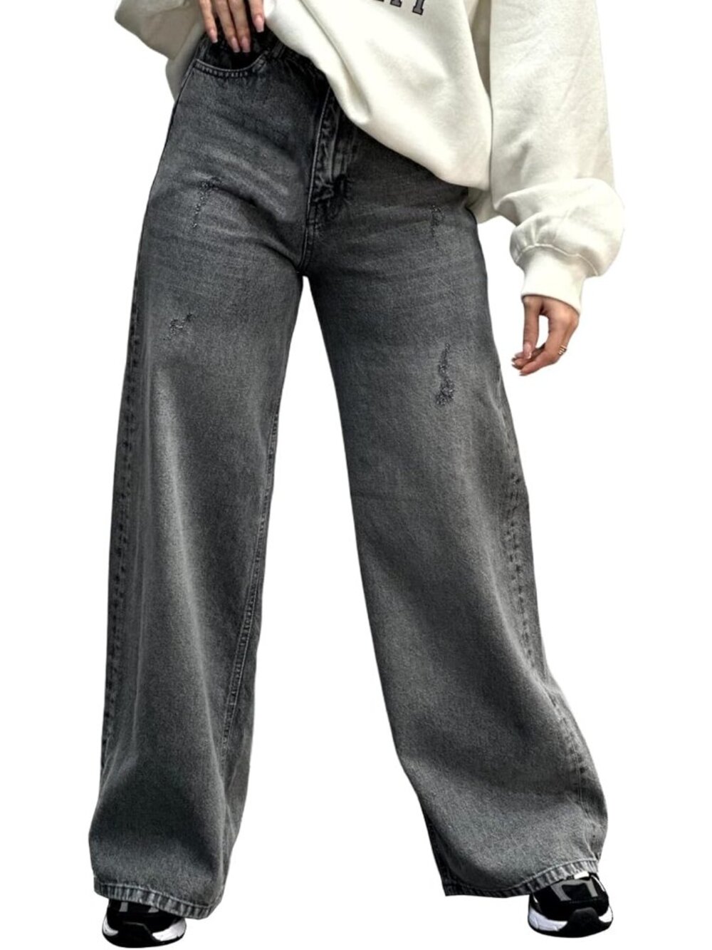 〽️ Women C Grey High Waist Straight Leg Baggy Boyfriend Denim Jeans Stretch